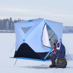 Outsunny 4 Person Ice Fishing Shelter With Padded Walls, Thermal Waterproof Portable Pop Up Ice Tent With 2 Doors, Light Blue