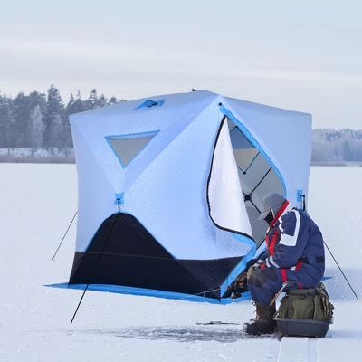 Outsunny 4 Person Ice Fishing Shelter With Padded Walls, Thermal Waterproof Portable Pop Up Ice Tent With 2 Doors, Light Blue 3 Outsunny 4 Person Ice Fishing Shelter With Padded Walls, Thermal Waterproof Portable Pop Up Ice Tent With 2 Doors, Light Blue