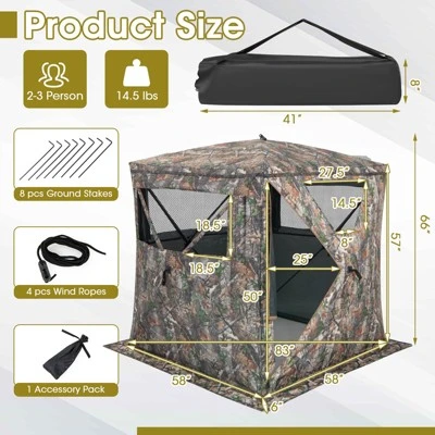 Costway Hunting Blind Portable Pop Up Ground Tent 2-3 Person With Carry Bag Storage Pocket 4 Costway Hunting Blind Portable Pop Up Ground Tent 2-3 Person With Carry Bag Storage Pocket - Image 2