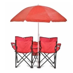 GoTeam Double Folding Camping Chair Set With Shade Umbrella, Cooler, And Carrying Bag For Camping, Beach Lounging, Tailgating, And More, Red