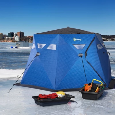 Outsunny 4 Person Insulated Ice Fishing Shelter 360-Degree View, Pop-Up Portable Ice Fishing Tent With Carry Bag, Two Doors And Anchors, Dark Blue 3 Outsunny 4 Person Insulated Ice Fishing Shelter 360-Degree View, Pop-Up Portable Ice Fishing Tent With Carry Bag, Two Doors And Anchors, Dark Blue