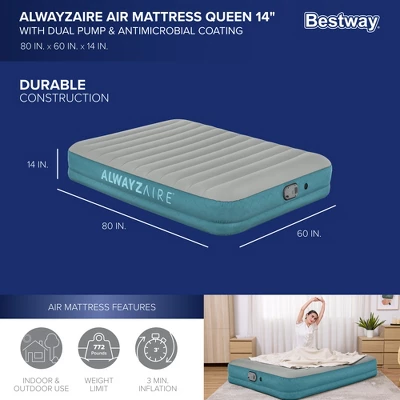 Bestway AlwayzAire 14" Inflatable Air Mattress 2 Person Queen-Sized Indoor Bed With Rechargeable USB Electric Built-In Pump, Gray 3 Bestway AlwayzAire 14" Inflatable Air Mattress 2 Person Queen-Sized Indoor Bed With Rechargeable USB Electric Built-In Pump, Gray