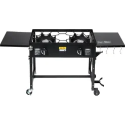 Barton 58,000 BTU Outdoor Double Burner Stove Camping Propane Folding Cook Cooking Station Stand BBQ Grill, Black