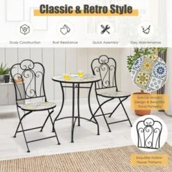 Tangkula 2PCS Outdoor Mosaic Folding Bistro Chairs Patio Chairs With Ceramic Tiles Seat And Exquisite Floral Pattern Yellow Seat