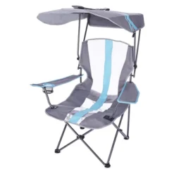 Kelsyus Premium Portable Camping Folding Outdoor Lawn Chair W/50+ UPF Canopy, Cup Holder, & Carry Strap, For Sports, Beach, Lake, Blue & Gray (2 Pack)