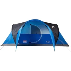 Coleman Montana Spacious 8 Person Outdoor Cabin Family Camping Tent With Hinged Door, Interior Storage Pockets, Awning, And WeatherTec Design, Blue